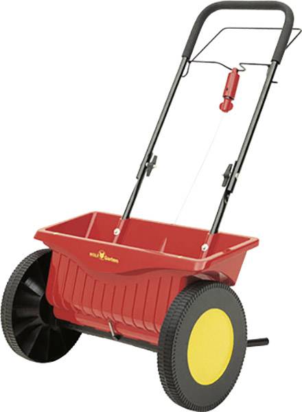 Roter Handstreuwagen mit schwarzem Griff und großen, gelben Rädern. Marke 'Wolf-Garten'. Geeignet zum Streuen von Samen oder Dünger im Garten.