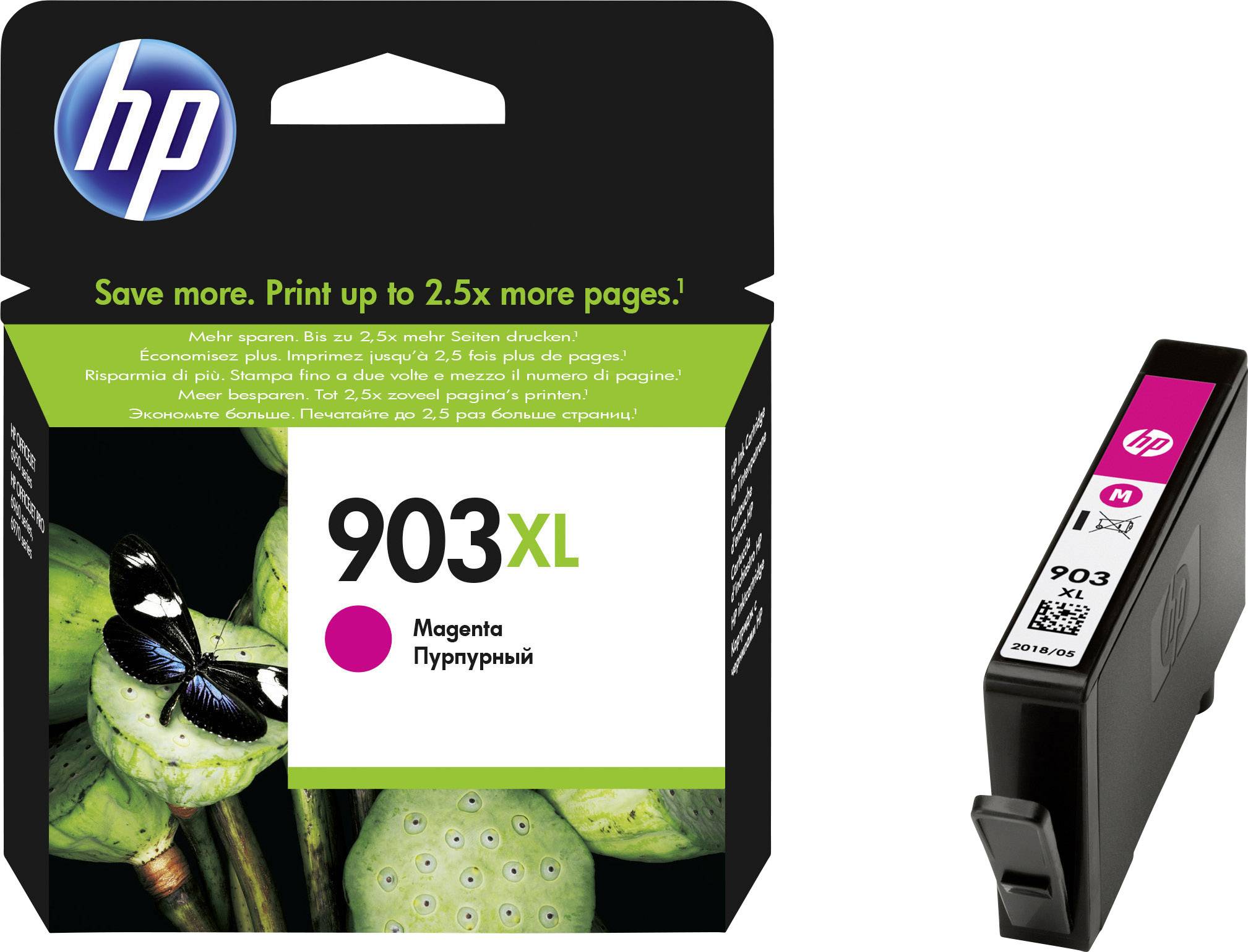 Druckerpatrone HP 903XL in Magenta, Verpackung und Einzelpatrone abgebildet. Größere Reichweite, geeignet für HP Tintenstrahldrucker.