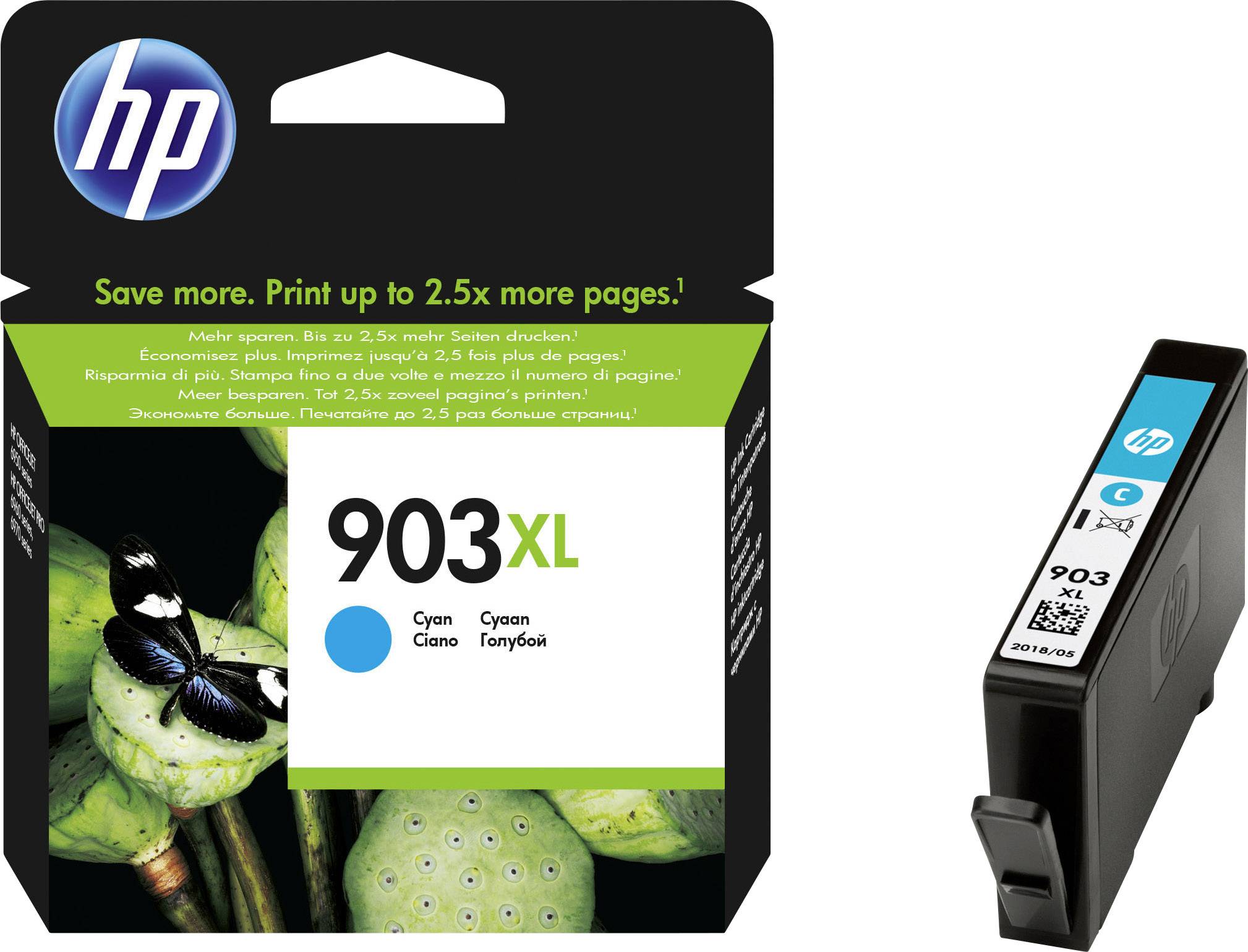 Druckerpatrone HP 903XL, Cyan. Verpackung zeigt Bild von blühender Pflanze und Schmetterling. Text betont erhöhte Druckkapazität.