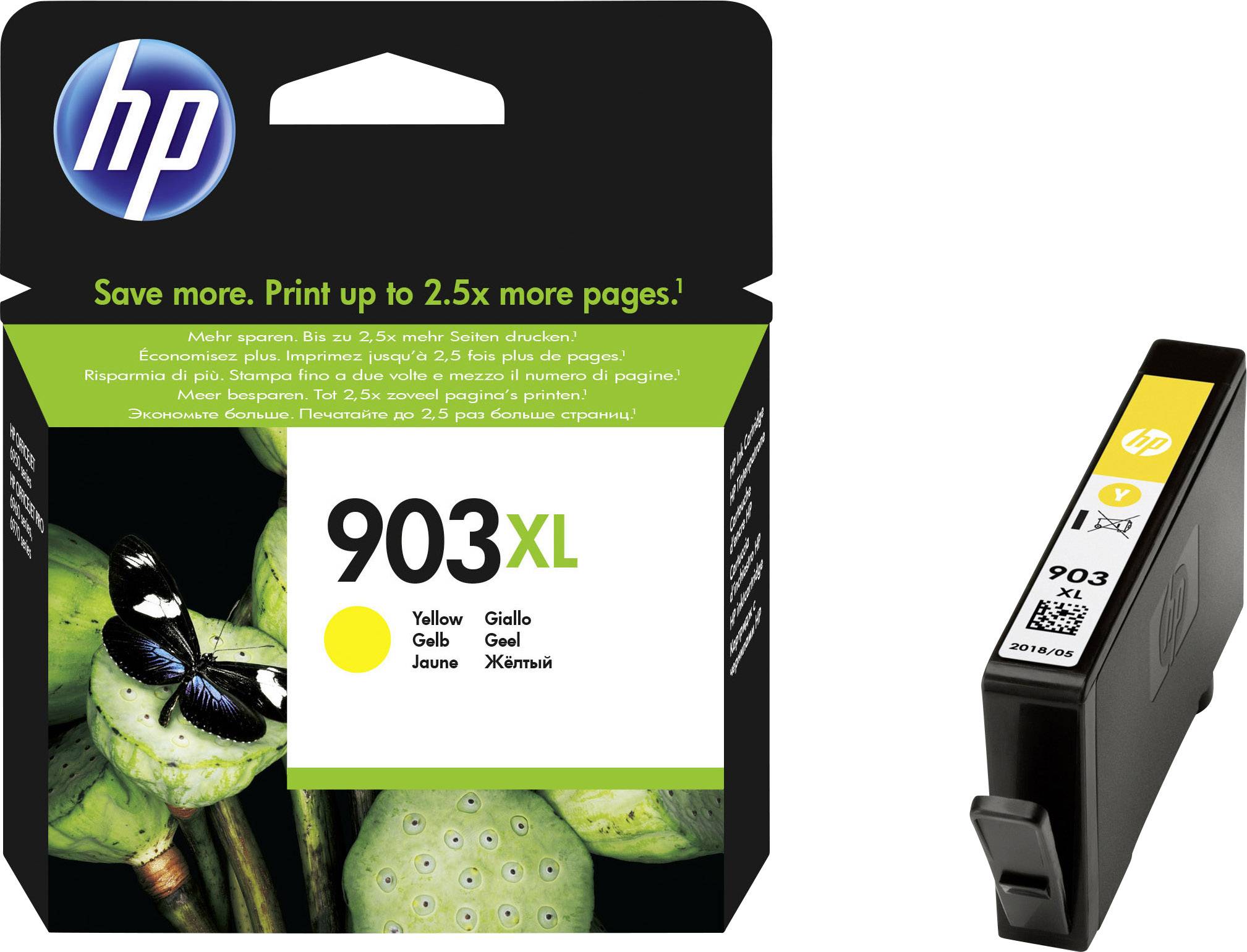 Tintenpatrone HP 903XL Gelb, Verpackung zeigt Lotusblumen mit Schmetterling, Hinweis: bis zu 2,5-mal mehr Seiten mit XL-Größe.