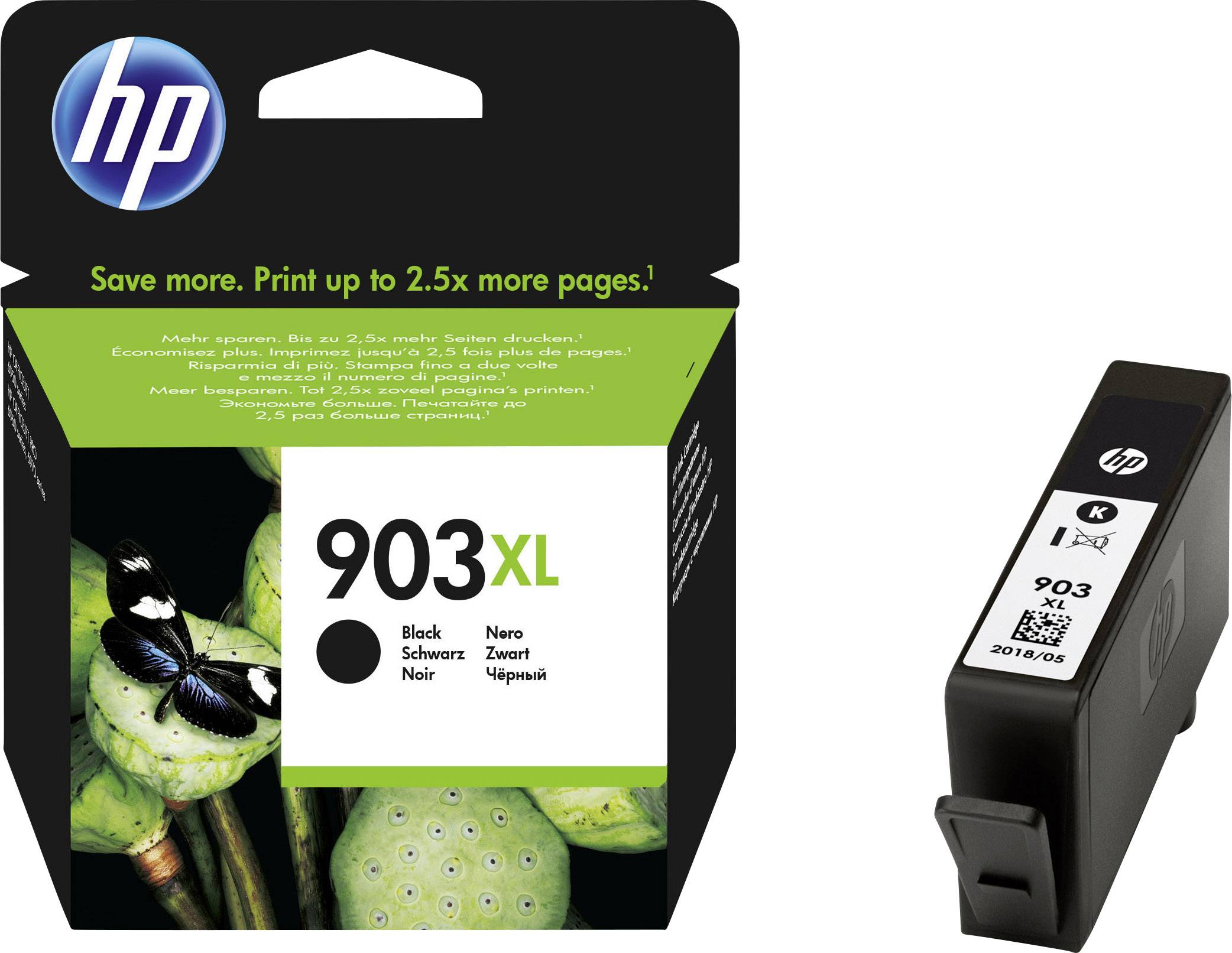 Schwarze HP 903XL Tintenpatrone neben Verpackung mit grünem Design und Produktinformationen.