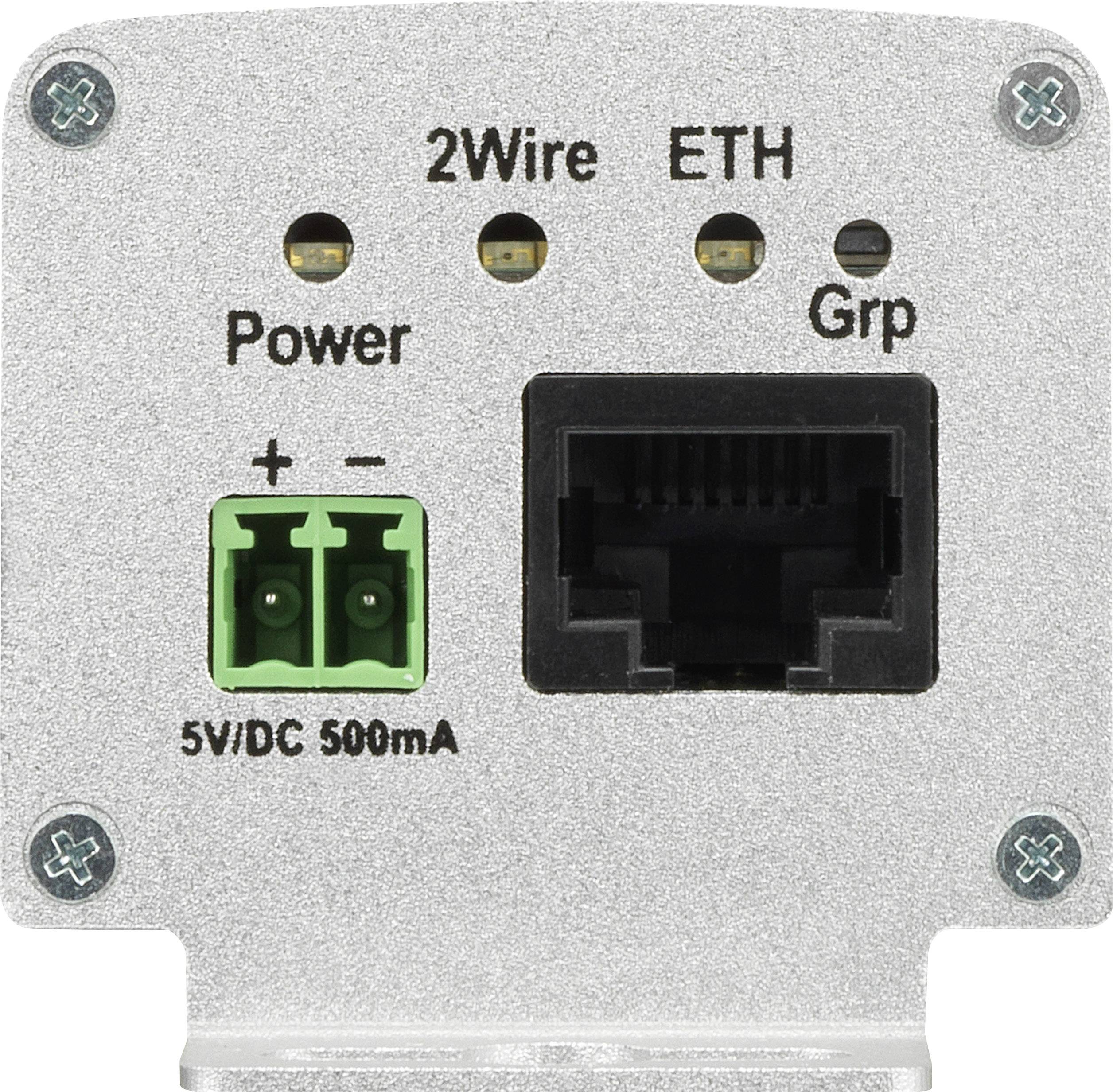 Metallplatte mit Anschlüssen: 2Wire, ETH, Power (+/-), Grp. Text: 5V/DC 500mA. Enthält Ethernet- und Stromanschlüsse.