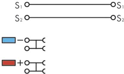 Zwei identische Schaltkreise verbinden S1 und S2. Unten links sind Symbole in Blau und Rot dargestellt.