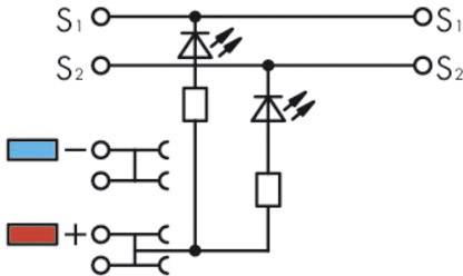Elektronisches Schaltschema zeigt Dioden, Widerstände und Schalter S1 und S2 in einem Stromkreis mit blauer und roter Anschlussmarkierung.