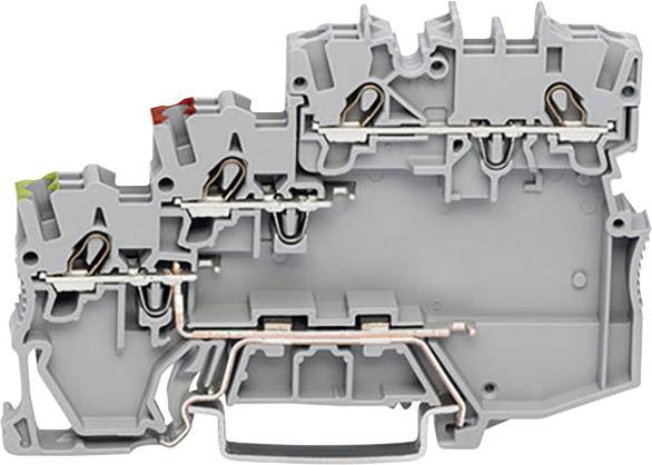 Ein grauer, mehrstufiger Klemmenblock mit mehreren Metallverbindungen und farbigen Elementen oben links, zur Verdrahtung elektrischer Leitungen.
