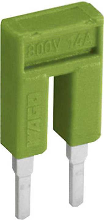 Grüner Stecker mit der Aufschrift '800V 14A' und zwei silbernen Kontakten. Verwenden in Hochspannungsanwendungen.