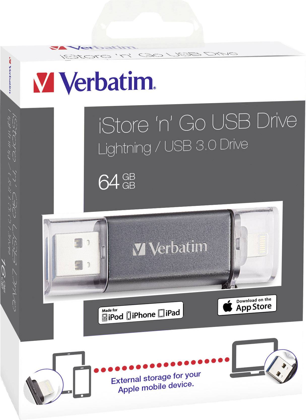 Verbatim iStore´n´Go USB-Zusatzspeicher Smartphone/Tablet 64GB Apple Lightning, USB 3.0