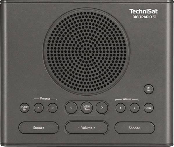Ein Schwarz-Weiß-Radio mit großen Lautsprechern und Tasten für 'Snooze', 'Alarm' und 'Volume'. Oben rechts steht 'TechniSat DIGITRADIO 51'.