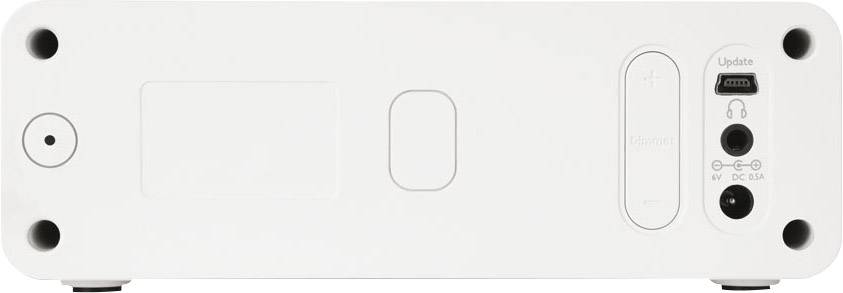 Die Rückseite eines elektronischen Geräts zeigt Anschlüsse für Strom, Netzwerk, ein Update-Port und mehrere Steuerungstasten.