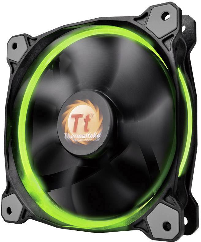 Ein Computerlüfter mit grünem LED-Lichtring und schwarzem Rahmen. Das Logo 'Thermaltake' ist in der Mitte des Lüfters sichtbar.