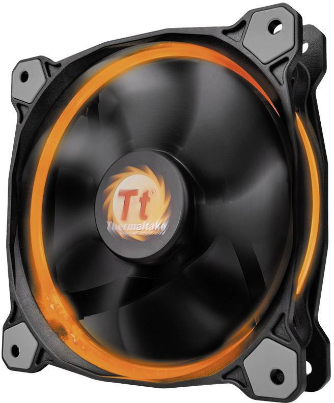 Schwarzer Computerlüfter mit orangefarbenem LED-Ring und 'Thermaltake'-Logo in der Mitte, geeignet für PC-Kühlung.