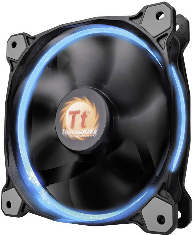PC-Lüfter mit blauem LED-Licht, schwarz und kreisförmig. Markenlogo 'Tt' in der Mitte.