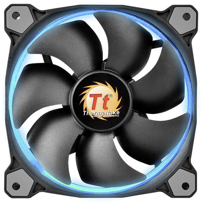 Ein schwarzer Computerlüfter mit sechs Flügeln und blauem LED-Licht. In der Mitte ist das Logo von 'Thermaltake' sichtbar.
