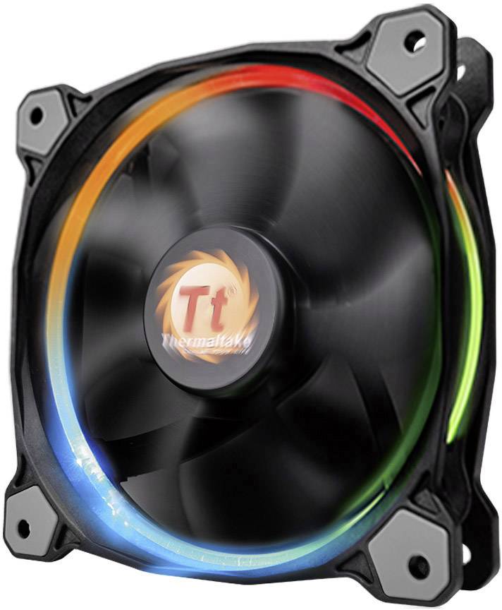 Ein PC-Lüfter mit leuchtendem LED-Ring in Rot, Blau und Grün. Das Logo der Marke befindet sich in der Mitte der Lüfternabe.