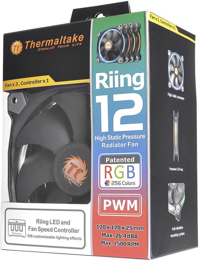 'Riing 12'-Lüfter von Thermaltake mit hoher statischer Druckeignung, RGB-Beleuchtung, PWM-Steuerung; enthält 3 Lüfter, Controller.