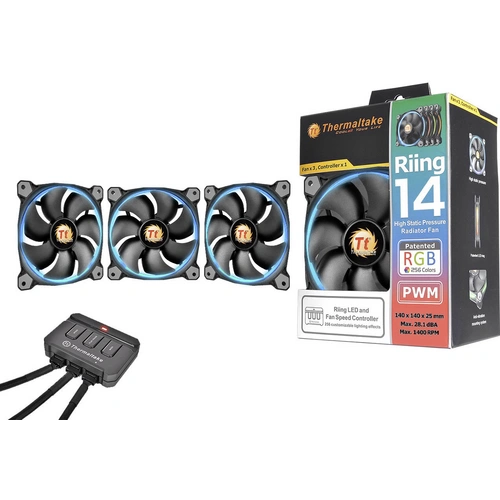 Thermaltake 3x Riing 14 LED RGB PC-Gehäuse-Lüfter Schwarz (B x H x T) 140 x 140 x 25mm inkl. LED-Beleuchtung Thermaltake 3x Riing 14 LED RGB PC-Gehäuse-Lüfter Schwarz (B x H x T) 140 x 140 x 25mm inkl. LED-Beleuchtung