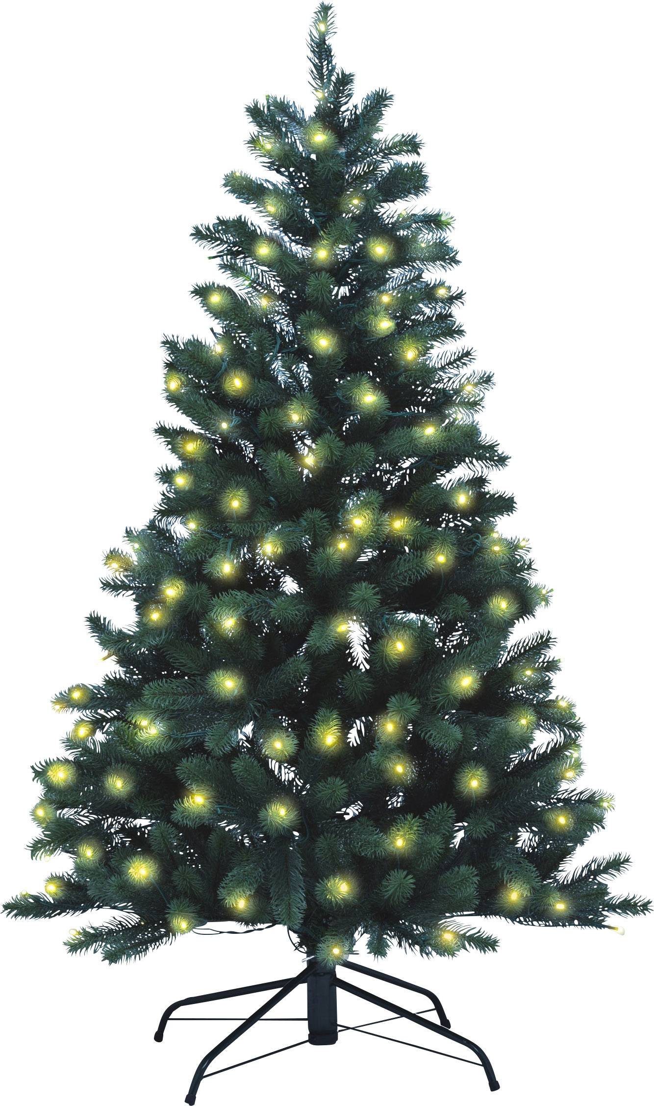 Ein grüner Tannenbaum steht auf einem Metallständer und wird von gelblich leuchtenden Lichtern geschmückt.