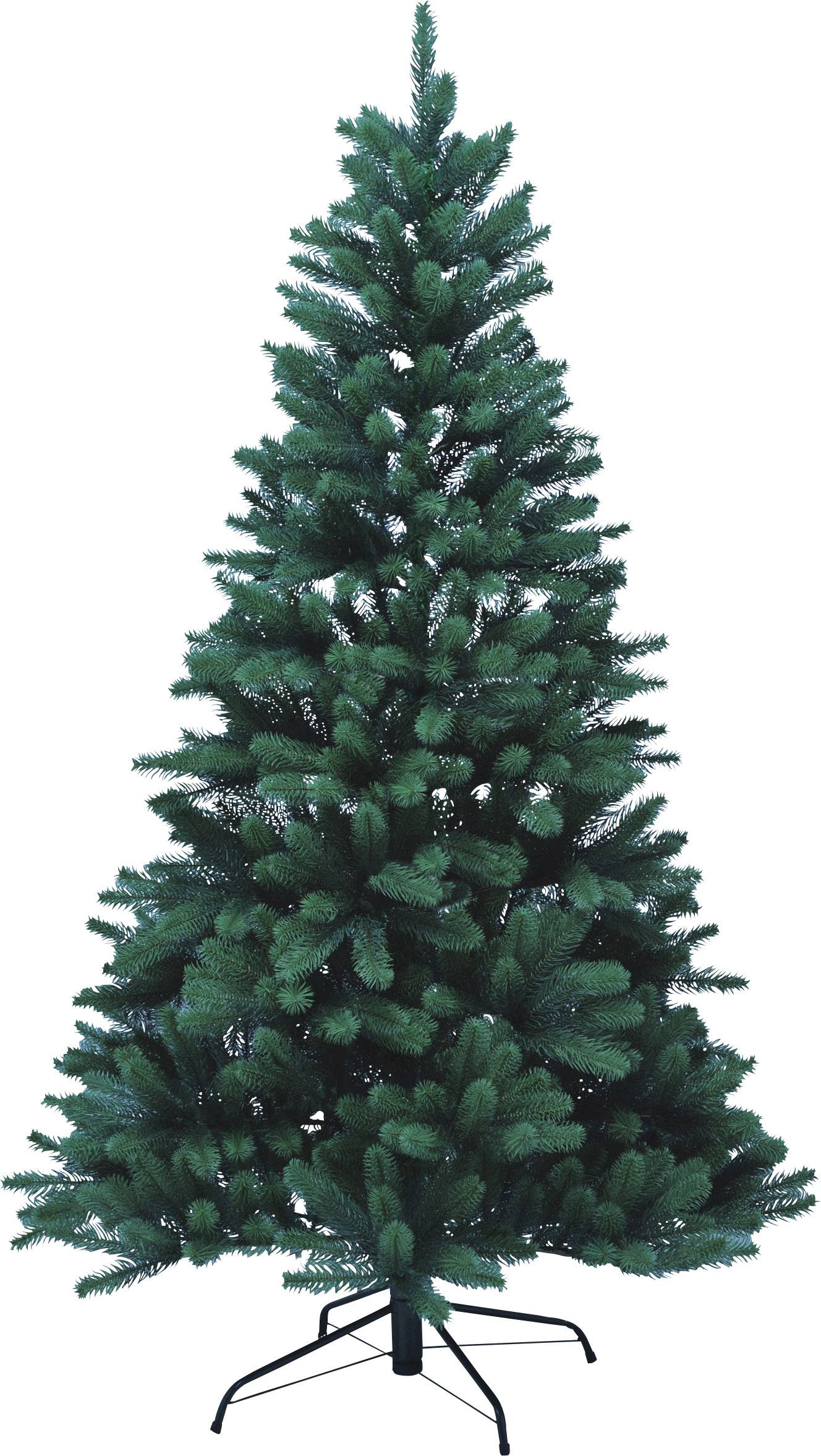 Ein künstlicher Weihnachtsbaum mit grünen Nadeln steht auf einem Metallständer.