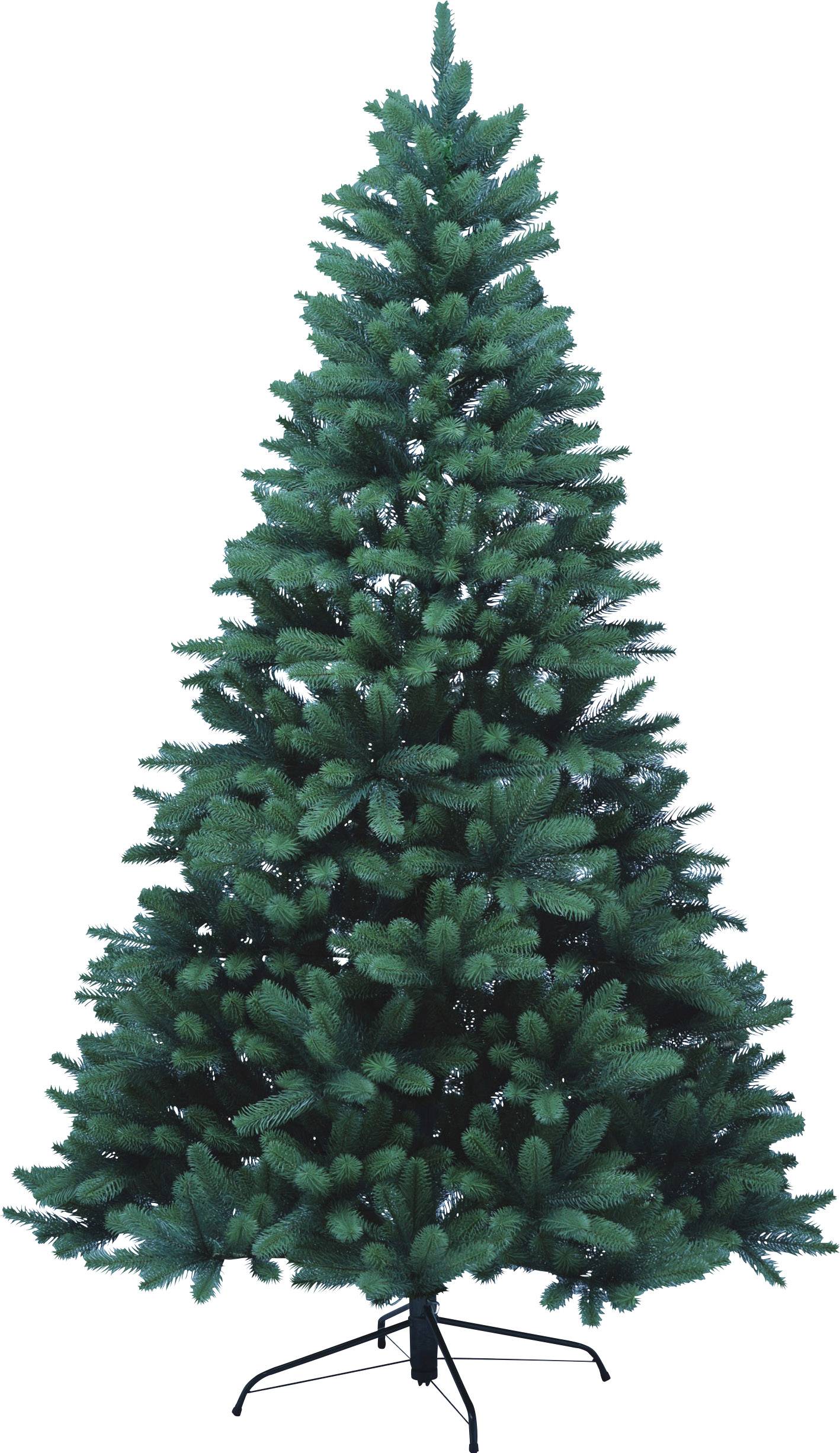 Ein großer, grüner künstlicher Tannenbaum mit dichtem Nadelwerk steht auf einem schwarzen Metallständer.