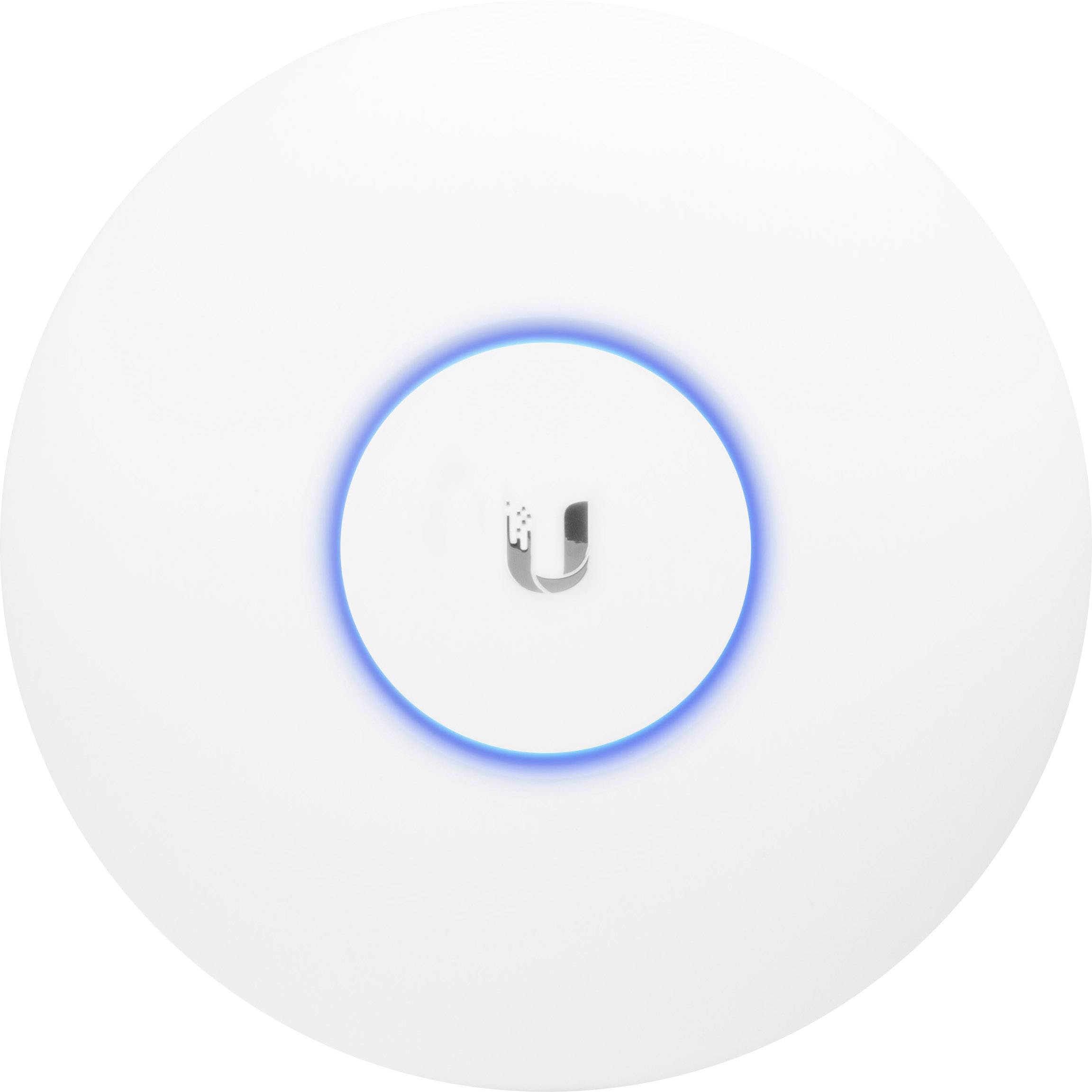 Weißer WLAN-Zugangspunkt mit blauem LED-Ring und einem grauen Logo in der Mitte.