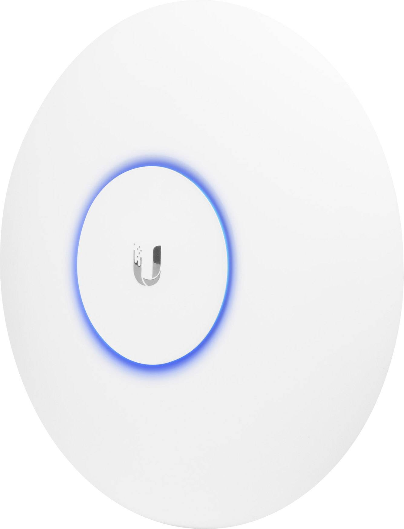 Rundes, weißes WLAN-Zugangspunktgerät mit blauem LED-Lichtring um Logo in der Mitte.
