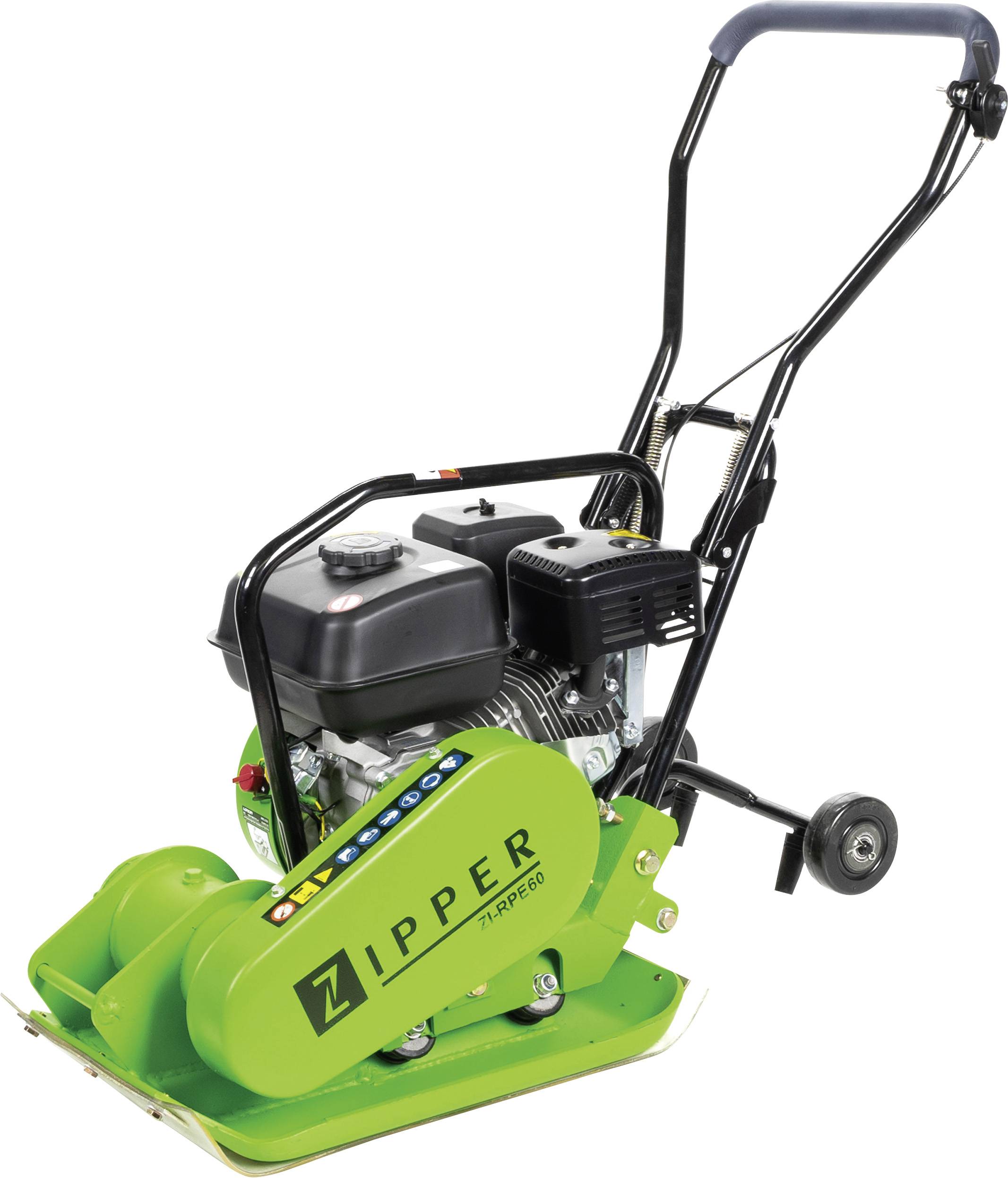 Grüne Rüttelplatte mit schwarzem Griff und Motor, auf Rädern. Markenname 'Zipper' auf der Seite. Verwendet für Pflasterarbeiten.
