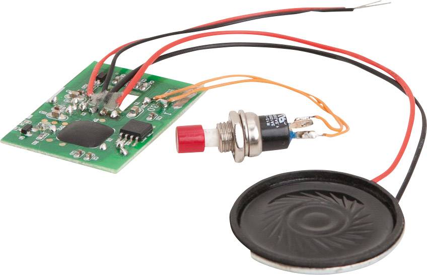 Elektronische Schaltung mit Lautsprecher, Schalter und Leiterplatte. Rote und schwarze Drähte verbinden die Komponenten.