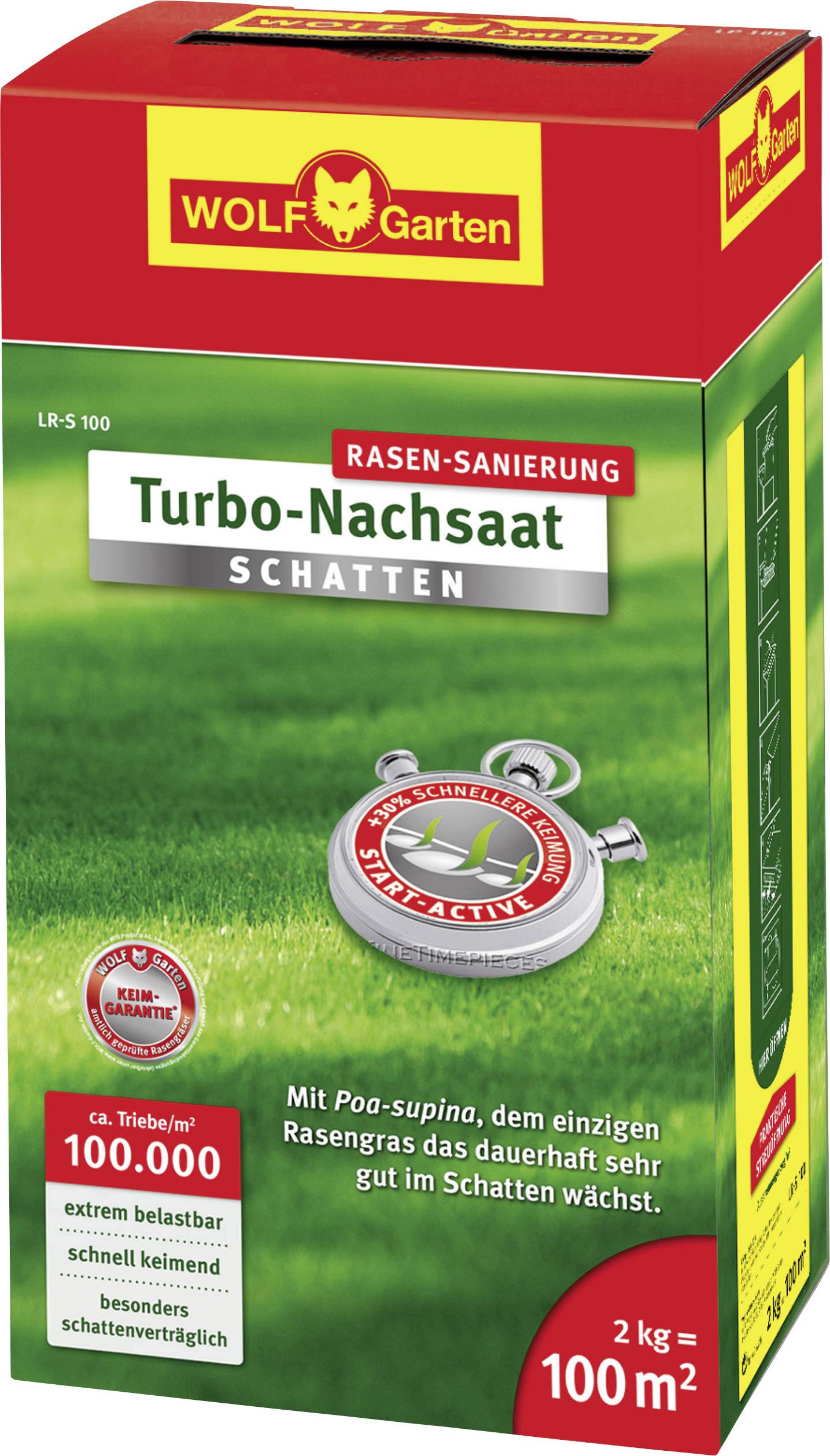 Verpackung eines Turbo-Nachsaat-Rasensamens von Wolf Garten für schattige Flächen. Enthält ca. 100.000 Samen, geeignet für 100 m².