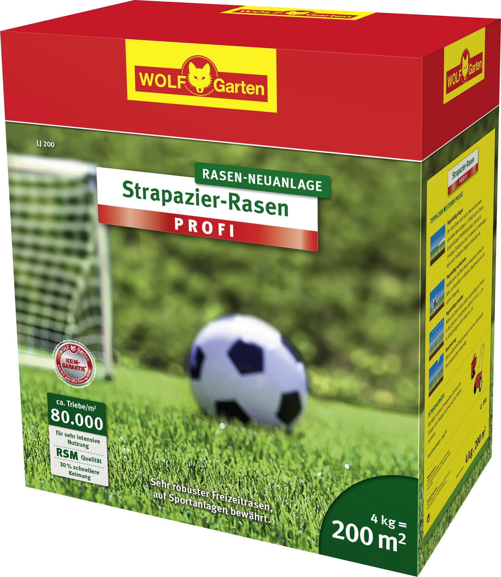 Eine Verpackung von Wolf-Garten Strapazier-Rasen Profi, für 200 m², abgebildet mit einem Fußball auf einem grünen Rasen im Hintergrund.