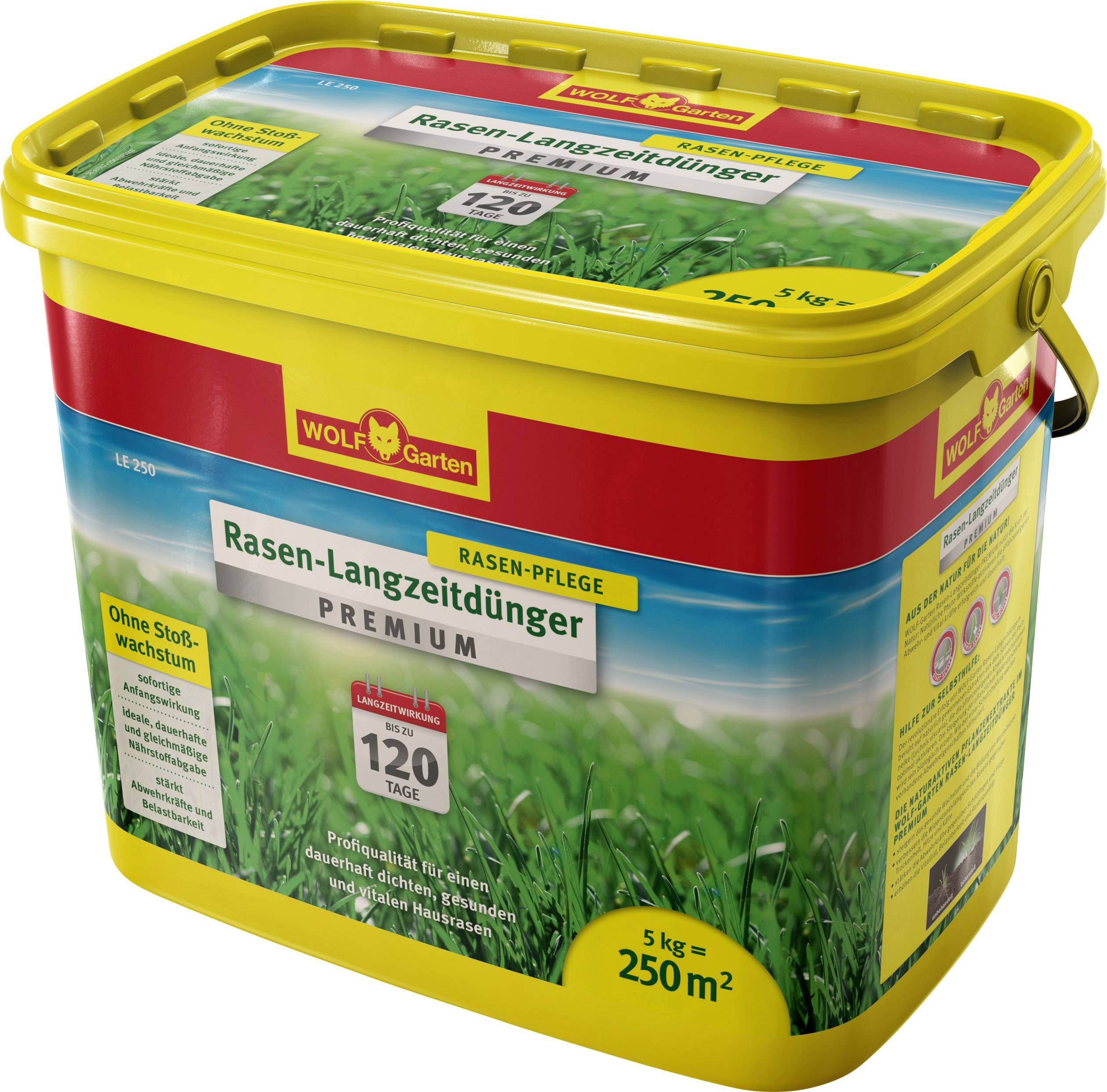'Rasen-Langzeitdünger' von Wolf-Garten in einem gelben Eimer für 250 m² Rasen, 5 kg Inhalt, bietet 120 Tage Langzeitwirkung.