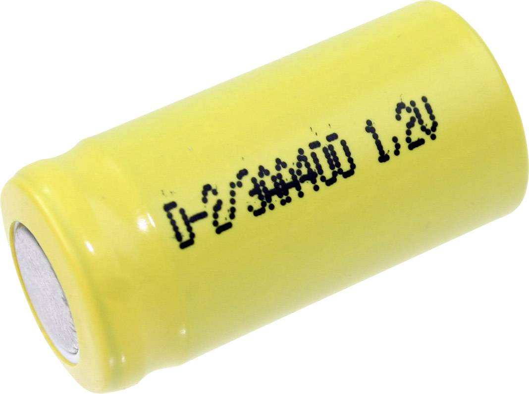 Eine gelbe zylindrische Batterie mit der Aufschrift '1,2V D-2/3AA400'.