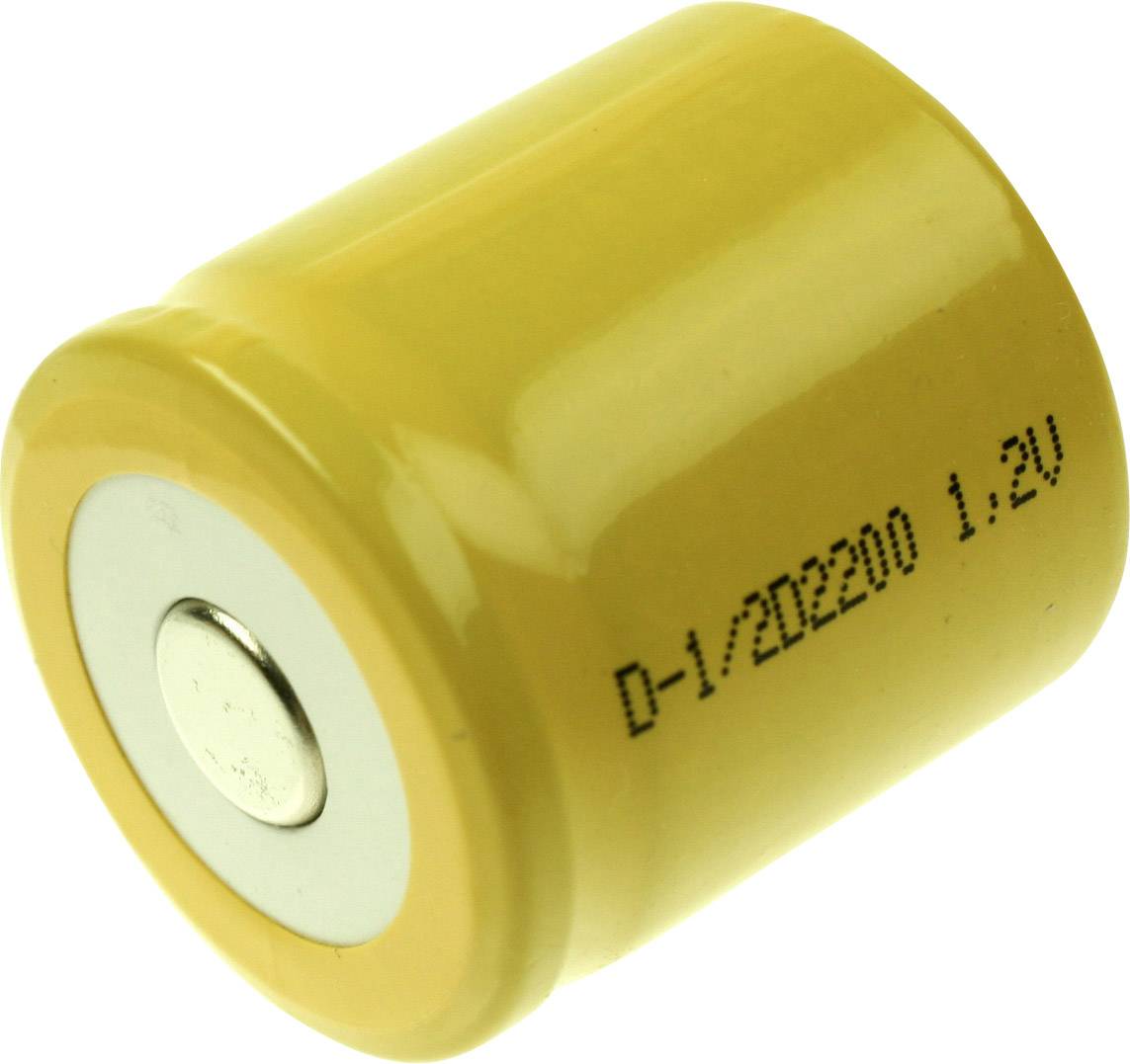 Gelbe D-Zelle-Batterie mit der Aufschrift 'D-1/2D2200 1.2V'.