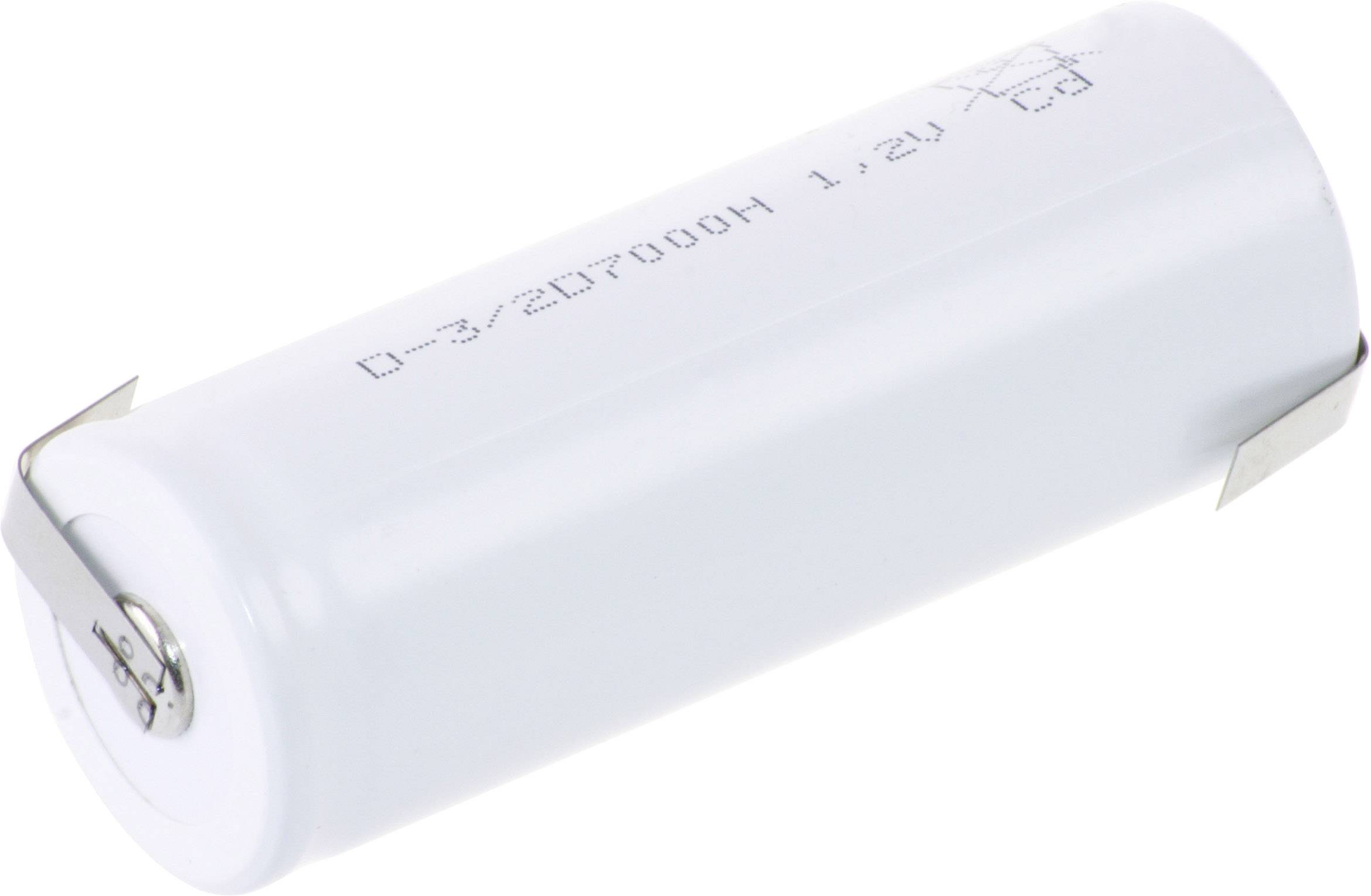 Ein weißer zylindrischer Batterieakku mit Metalllaschen an beiden Enden, seitlich liegend gezeigt.