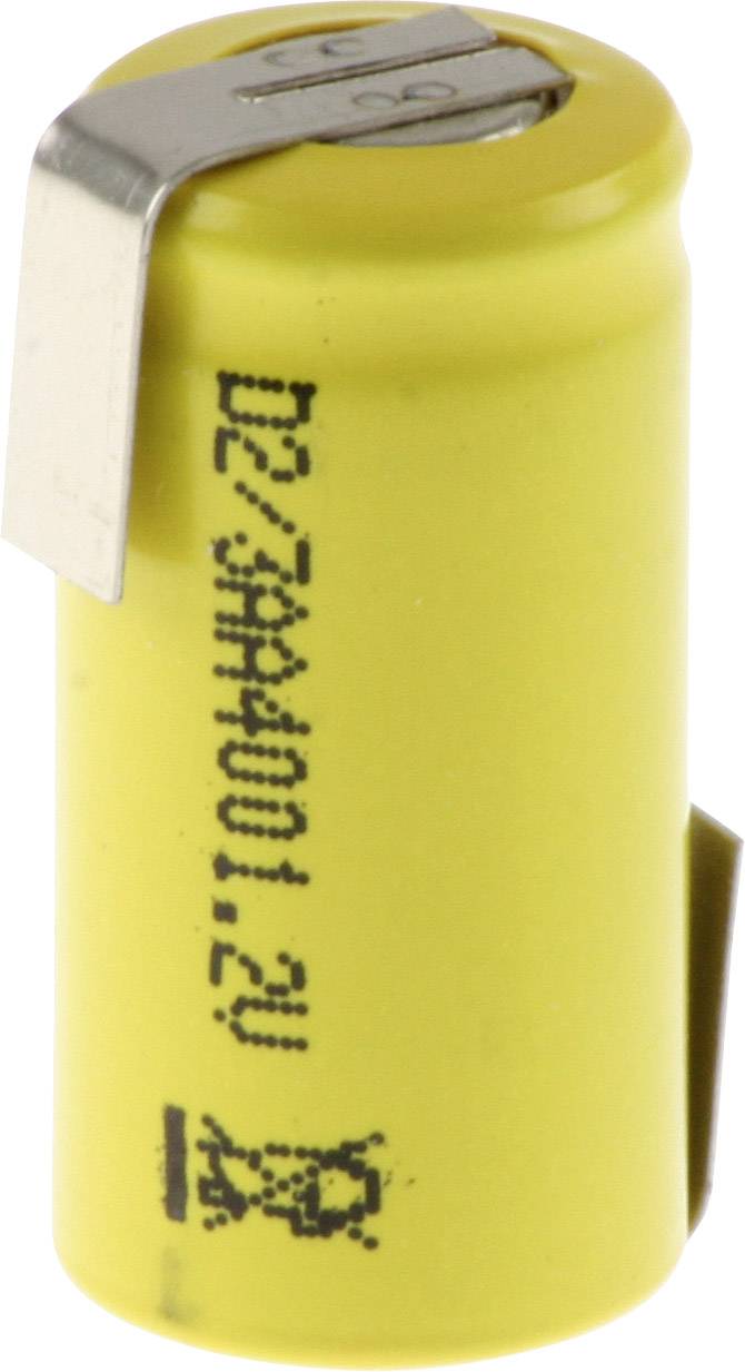 Gelbe Batterie, zylindrische Form, mit zwei Metallkontakten oben. Text auf der Batterie: 'D2 3AA4001 1.2V'.