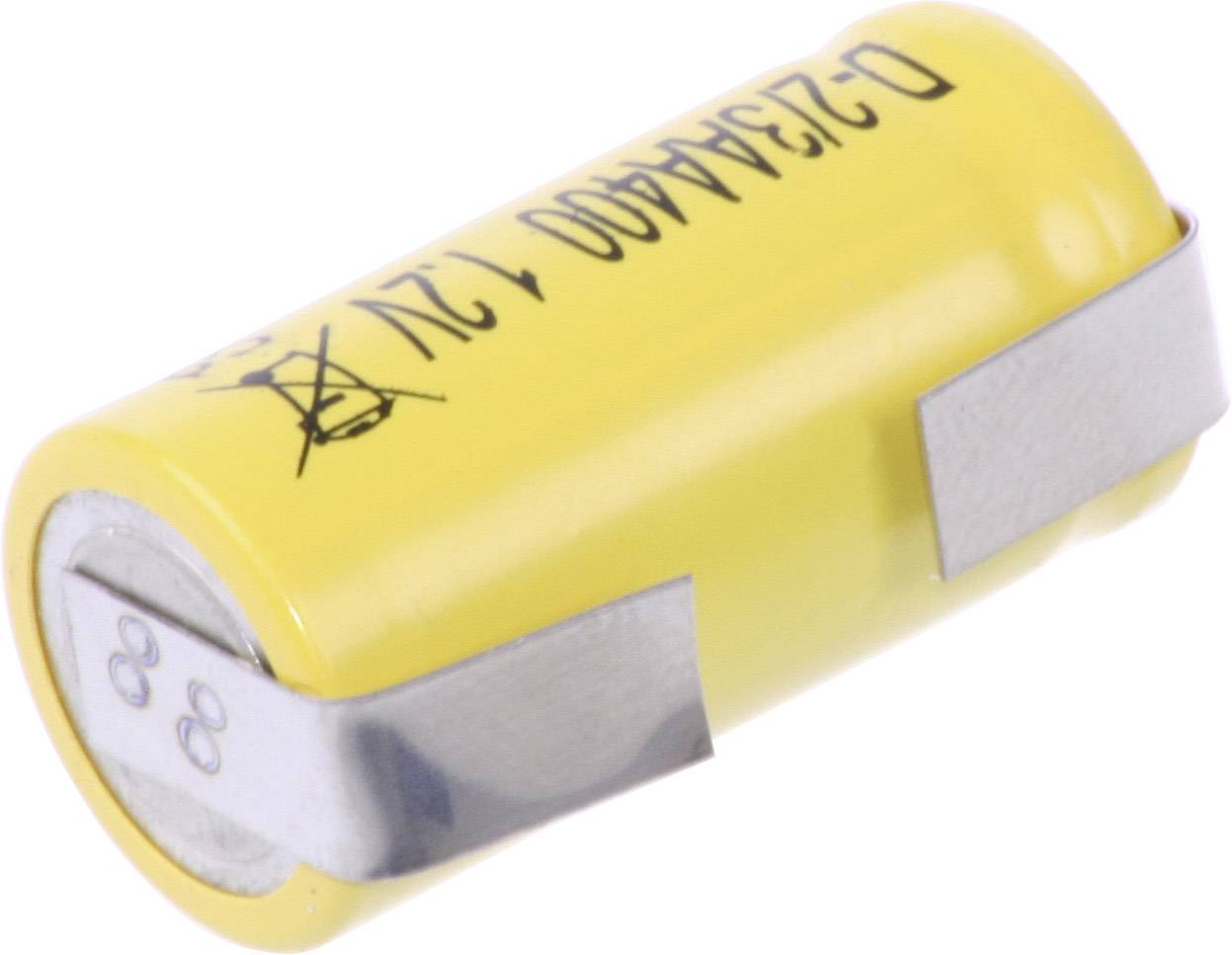 Gelber, zylindrischer Akku mit Metalllaschen für elektrische Anschlüsse, beschriftet mit 'O23AA400 1,2V' und einem Warnsymbol.