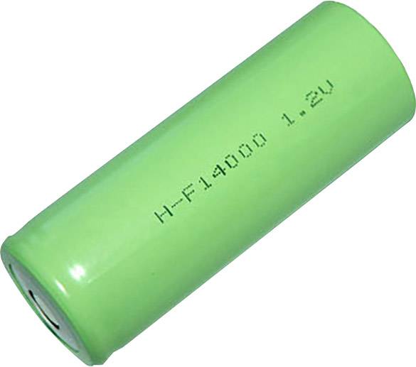 Grüne zylindrische Batterie mit der Aufschrift 'H-F14000 1.2V', liegend, zeigt den Batterietyp und die Spannung an.