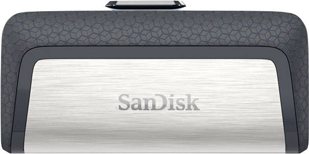 USB-Stick der Marke SanDisk mit schwarz-silbernem Gehäuse und eleganter quadratischer Musterung auf der Oberseite.