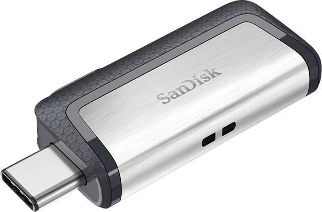 USB-Stick von SanDisk mit USB-C und USB-A Anschlüssen in silbernem und schwarzem Gehäuse.