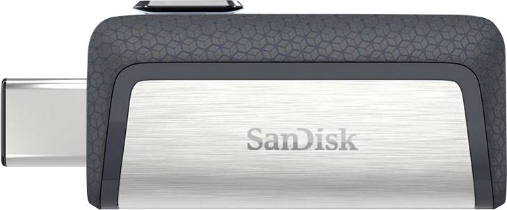 Ein SanDisk USB-Stick mit USB-C-Anschluss. Das Gehäuse ist silberfarben und besitzt ein markantes Wabenmuster auf der Oberseite.