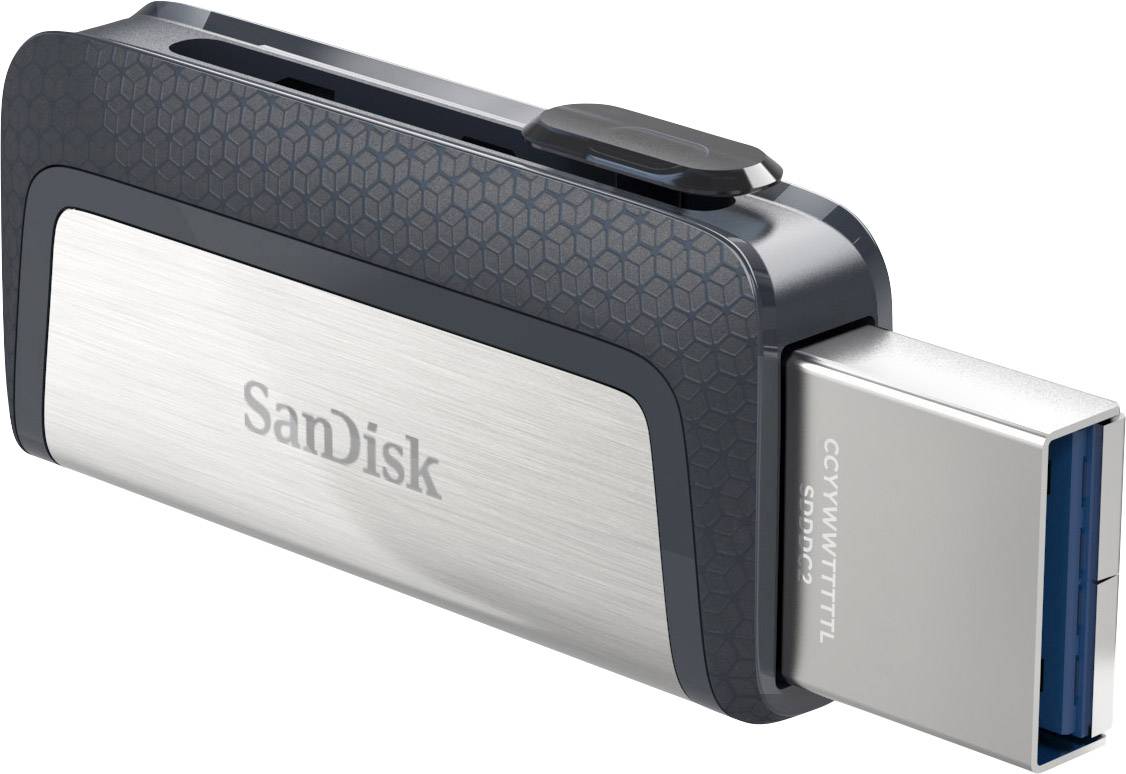 USB-Stick von SanDisk, in dunklem Metallic-Design, mit herausgeschobenem Stecker und graviertem Logo. 128 GB Speicherkapazität.