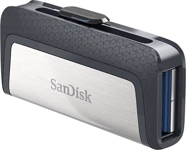 Externer SanDisk USB-Stick mit silberner Oberfläche und schwarzem Gehäuse. Er verfügt über einen Schiebemechanismus für den USB-Stecker.