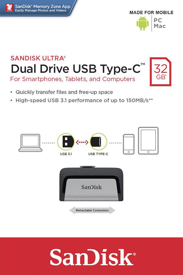 SanDisk Ultra Dual Drive USB Type-C, 32 GB. Schnelle Dateiübertragung und USB 3.1 Leistung bis zu 150MB/s, für Mobilgeräte und Computer.
