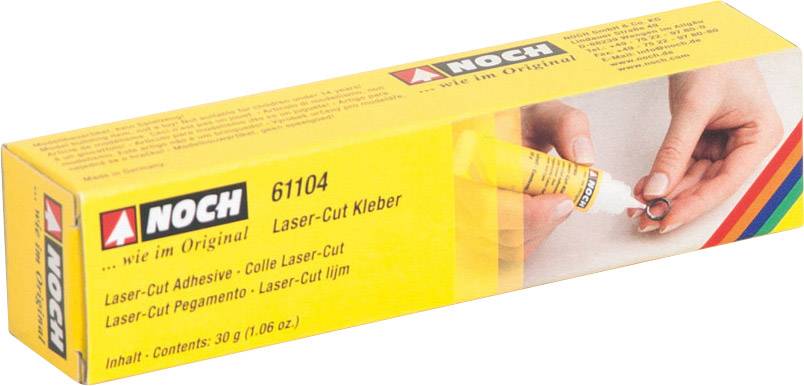 Gelbe Verpackung eines Laser-Cut Klebers von NOCH, Abbildung zeigt Hände beim Kleben eines Modells. Enthält 30g.