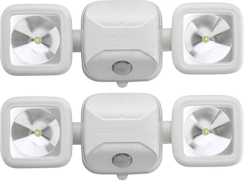 Zwei quadratische LED-Scheinwerfer mit Bewegungsmelder in der Mitte, geeignet für Außenbeleuchtung.