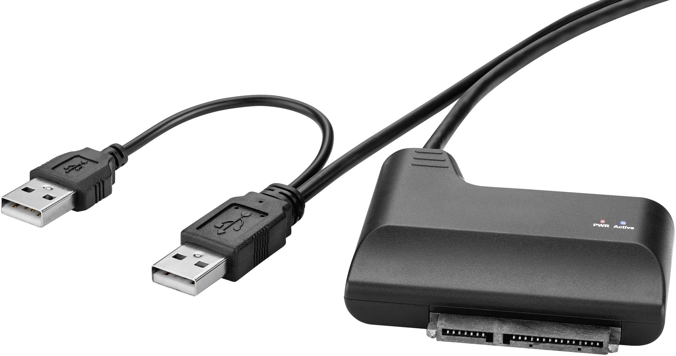 Externer Festplattenadapter mit USB-Anschlüssen und SATA-Anschlusskabel, geeignet zur Verbindung interner Laufwerke mit einem Computer.