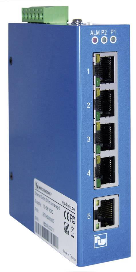 Blauer Netzwerk-Switch mit fünf Ethernet-Ports, oben LEDs für ALM, P2, P1. Rechts auf dem Bild sind die Ports nummeriert.