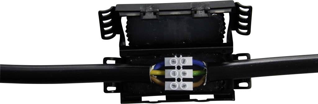 Ein offener Kabelverbinder zeigt Innenverdrahtung mit farbigen Drähten, die an einer kleinen Klemme verbunden sind. Schwarzes Gehäuse.
