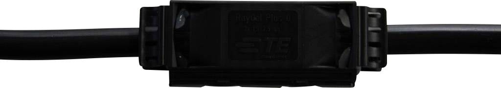 Ein schwarzer Kabelverbinder, der zwei schwarze Kabel verbindet. Der Verbinder ist rechteckig und glatt.