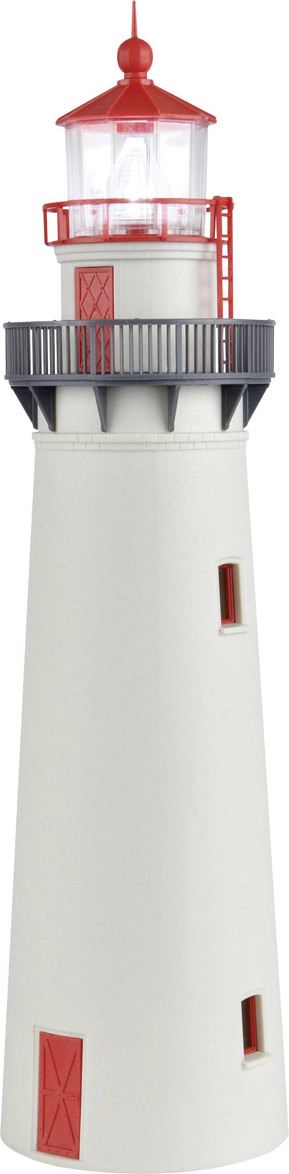 Weißer Leuchtturm mit roter Spitze und Geländer.