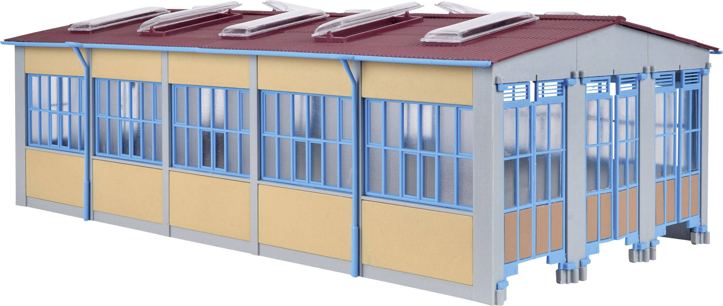 Ein Modell einer einstöckigen Halle mit roten Dach, gelben Wänden und blauen Fensterrahmen.